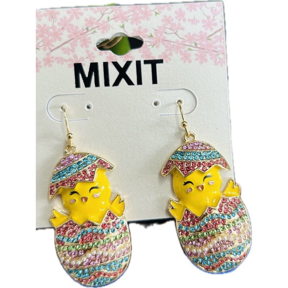 Mixit Colorful Egg & Yellow Chick Enamel Earrings with Multicolor Rhinestones 2"